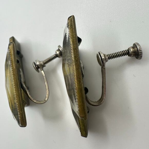 Antique Art Deco 1920s brass Czech glass sterling silver screw back earrings - Picture 7 of 10